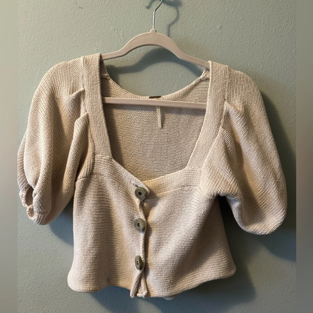 Free People Cream Puff Sleeve Button-Front Knit Top